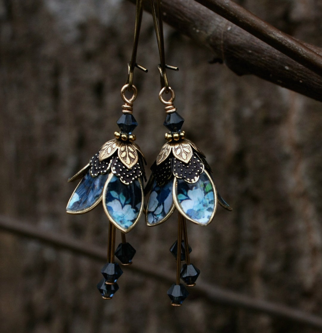Boho Flower Dangle Earrings for Women Cute Green Leaf Earrings Fairy Statement , Blue