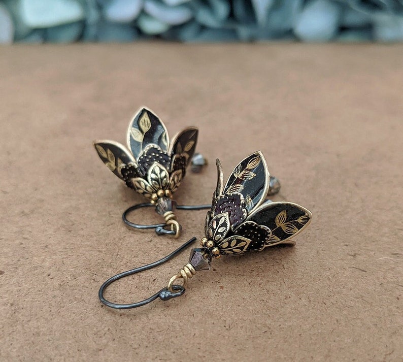 Black Flower Leaf Earrings, Dangle Earrings, Lilly Flower Earrings, Flower Earrings, Black Earrings, Brass Earrings, Crystal Earrings image 1