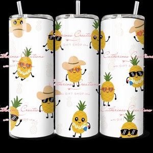 May include: Three white tumblers with a pattern of cartoon pineapples wearing sunglasses, hats, and leis. The text "Catherines Creations - Gift Shop" is repeated on each tumbler.