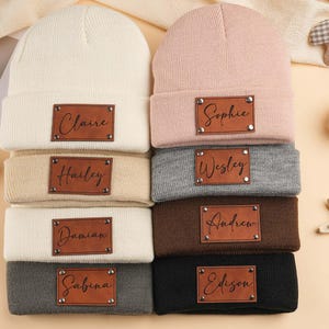 Leather Patch Beanies for Baby Personalized, Newborn Baby Beanie with Name, Infant Beanie with Name, Kid Knitted Hat, Baby Shower Gifts