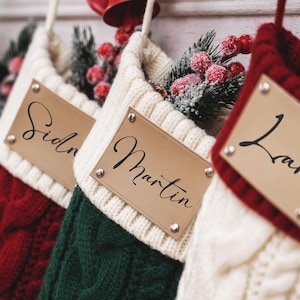 Leather Patch Christmas Stockings,Family Christmas Stocking with name,Engraved Knitted Christmas Stocking,Christmas Decor,Holiday Decor Gift