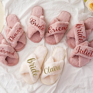 Custom Bridesmaid Fluffy Slippers,Bachelorette Fluffy Slippers,Fluffy Cross slippers,Bride Slipper,Bridesmaid Gifts,Bride to Be Gift