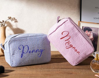 Custom Embroidered Seersucker Cosmetic Bag,Travel makeup Bag,Cosmetic Pouch,Custom Bridesmaid Makeup Bag,Bridesmaid Gifts,gifts for her
