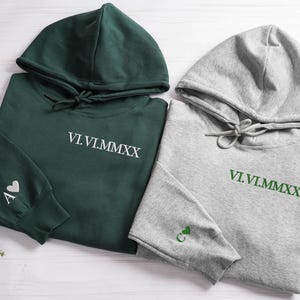 Personalized Initials Embroidery Hoodies,Embroidered Initial Heart Hoodie On Sleeve,Valentines Day Matching Couples Outfit,Anniversary Gifts