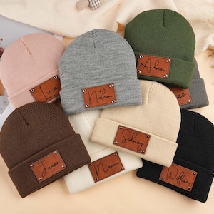Newborn Baby Beanie with Name, Leather Patch Beanies for Baby Personalized, Infant Beanie with Name, Kid Knitted Hat, Baby Shower Gifts