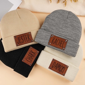 Winter Knitted Hat, Leather Patch Beanies for Baby Personalized, Newborn Baby Beanie with Name, Infant Beanie with Name, Baby Shower Gifts