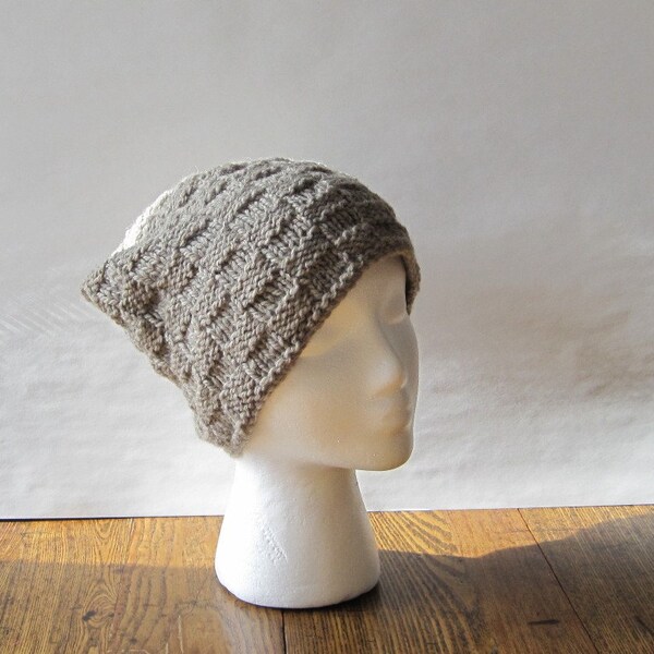 Hand Knit Boyfriend Beanie in Natural Grey Wool - Checkered Textured Slouch Hat