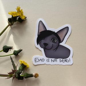 May include: A sticker featuring a cartoon black cat with black hair and green eyes. The cat is smiling and the text "EMO IS NOT DEAD!" is below the cat.