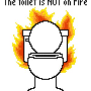 May include: A pixelated illustration of a toilet on fire with the text "The toilet is NOT on Fire You do HOT need to put it out with your hose!"