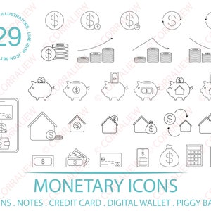 May include: A set of 29 black and white line art icons depicting various monetary concepts, including coins, notes, credit cards, digital wallets, and piggy banks. The icons are arranged in a grid pattern and labeled "MONETARY ICONS".