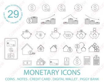 Monetary Coin Money Piggy Bank editable stroke Outline Icon set Minimalist Website Icon Bundle png Vector Symbol illustration