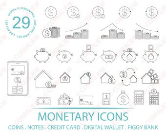 Monetary Line Icon Set: Piggy Bank, Coins (PNG, SVG, PDF)