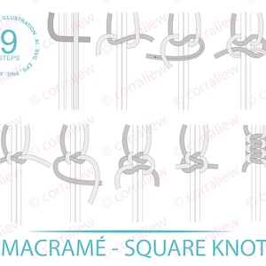 Può includere: Un diagramma che mostra 9 passaggi per fare un nodo quadrato in macramè. Il diagramma utilizza due corde di colore diverso per mostrare i passaggi.