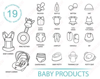 Baby product editable stroke Outline Icon set Bottle Carrier Potty Swaddle Diaper Minimalist Website Icon Bundle png Vector illustration