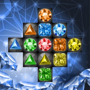 Könnte beinhalten: Ein farbenfrohes geometrisches Muster aus verschiedenen Formen und Farben von Edelsteinen. Die Edelsteine sind in einem Raster angeordnet, mit einem zentralen grünen Edelstein.