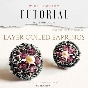 May include: A pair of silver wire earrings featuring purple and white beads. The earrings are coiled and layered, creating a delicate and intricate design. The earrings are titled "Layer Coiled Earrings" and are part of a wire jewellery tutorial.