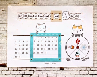 Printable Kitty Cat Perpetual Calendar, Montessori Learning (PDF)