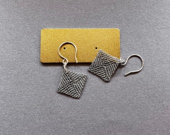 Silver Square Dangle Earrings Handmade Micro Macrame Knotted Wire Jewelry