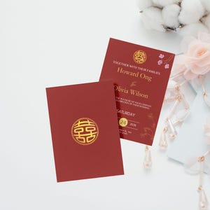 Carte d'invitation de mariage modifiable, double bonheur chinois-asiatique avec éléments graphiques exclusifs Canva inclus