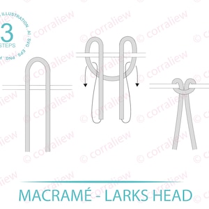 May include: A diagram showing the steps for tying a Lark's Head knot in macrame. The diagram shows three steps, with the first step showing two cords, the second step showing the cords being looped, and the third step showing the completed knot.
