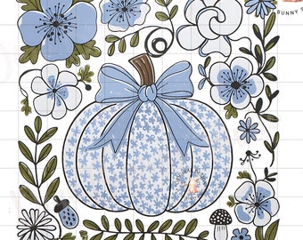 Blue Floral Pumpkin PNG, Toile Coquette Design (Digital Download)