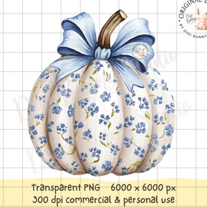 Blauwe pompoen chinoiserie coquette pompoen strik blauwe toile Halloween herfstpompoen Grandmillenial ontwerp trendy bloemenpompoen png