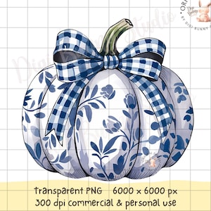 Blauwe pompoen chinoiserie geruite coquette pompoen strik png blauwe toile Halloween herfstpompoen Grandmillenial ontwerp trendy bloemenpompoen d2