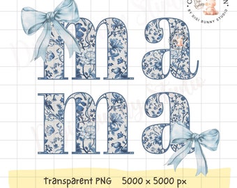 Mama Floral Bow PNG: Blue Willow, Coquette Design (Digital Download)