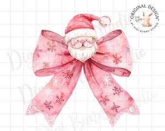 May include: A pink watercolor bow with a Santa Claus face in the center. The bow is decorated with white snowflakes. The image is a digital download, 5000 x 5000 pixels, 300 dpi.
