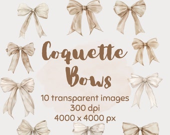 Cream Coquette Bows Clip Art, Watercolor Ribbon PNG (Digital Download)