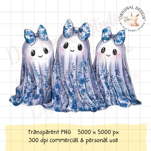 May include: Three white ghosts with blue floral patterns and bows. The ghosts are smiling and have black eyes.