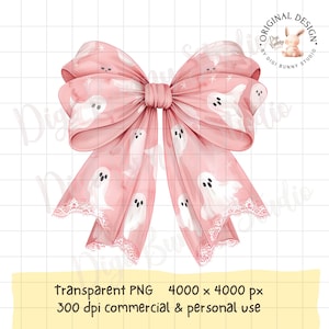 Pink Halloween Ghost Bow PNG, Coquette Spooky Design (Digital Download)