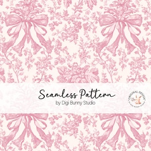 Può includere: Uno schema senza cuciture con un design floreale rosa con fiocchi su uno sfondo bianco. Il testo "Seamless Pattern by Digi Bunny Studio" è visualizzato nella parte inferiore dell'immagine.