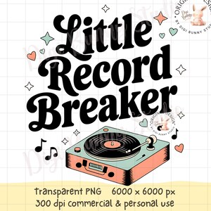 Pode incluir: Um design gráfico preto e branco com o texto "Little Record Breaker" e um toca-discos de estilo retro em turquesa e laranja.