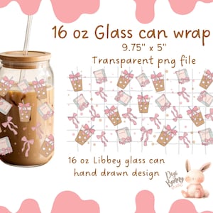 Books and Iced Coffee Coquette Bow 16oz Glass can Wrap Bookish Libbey Glass Can Wrap Coquette Bow Glass Wrap Cup Wrap Coffee Lover Wrap png