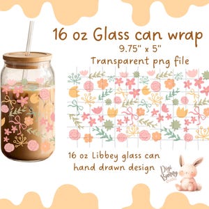 Flowers Coquette Bow 16oz Glass can Wrap Spring Pastel Libbey Glass Can Wrap Coquette Bow Glass Wrap Cup Wrap Floral Ribbons Wrap png