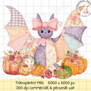 Halloween Bat Patchwork Coquette Bows PNG Spooky Season Aesthetic Pumpkins PNG Autumn Fall Preppy Bow Trendy Cute Girly Bat png