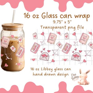 Cute Love Story Valentine 16oz Glass can Wrap Cute Pink Girly Hearts Cassette Tape Retro 90s Cupid Libbey Glass Can Wrap Glass Cup Wrap PNG