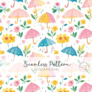 Gotas de lluvia, paraguas y flores, patrón sin costuras de primavera, flor sin costuras, floral sin costuras, diseño de moda, patrón repetido, papel digital Png