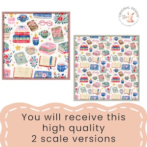 May include: Two square patterns with a repeating design of books, teacups, gifts, candles, and flowers. The patterns are framed in a pink border. The text "You will receive this high quality 2 scale versions" is at the bottom.