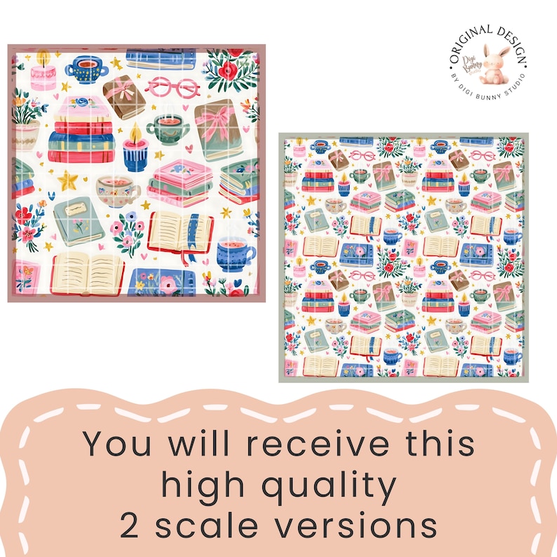 May include: Two square patterns with a repeating design of books, teacups, gifts, candles, and flowers. The patterns are framed in a pink border. The text "You will receive this high quality 2 scale versions" is at the bottom.