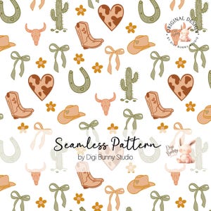 Western Cowboy Coquette Seamless Pattern - Neutral Boho Cowboy Boots & Kaktus Wüste Ästhetisches Wiederholungsmuster Digitales Papier PNG