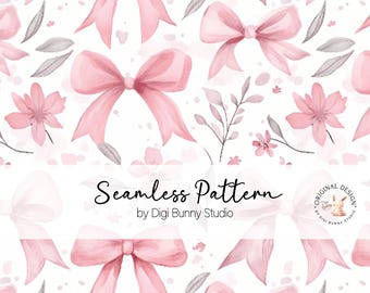 Pink Bows Floral Seamless Pattern, Coquette Design (PNG)