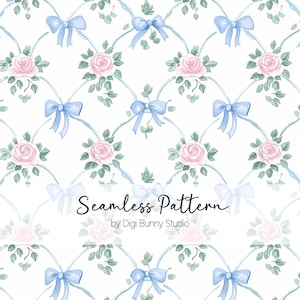 Roses et noeuds bleus pétoncles floral doux aquarelle transparente motif fleurs de printemps grand-millénaire treillis Coquette bouquet motif tissu