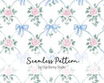 バラと青いリボンのシームレスパターン、柔らかい水彩画のトレリス（PNG ファイル）