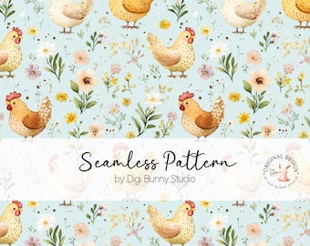 Floral Chickens Seamless Pattern, Farm Seamless Chicken flowers, floral seamless, farm animals floral digital paper, floral fabric Png