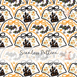 May include: Seamless Halloween-themed pattern with repeating elements. Features black haunted houses, bats, pumpkins, and orange flowers on a white background. The design includes the text "Seamless Pattern" and "by Digi Bunny Studio".
