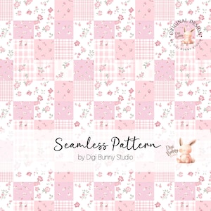 Könnte beinhalten: Ein nahtloses Musterdesign mit einem Patchwork aus rosa und weißen Quadraten mit Blumen- und Vichy-Mustern. Der Text "Seamless Pattern" wird zusammen mit dem Namen und Logo des Designers, einem Hasen, angezeigt.