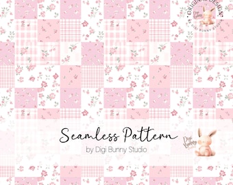 Pink Floral Patchwork Seamless Pattern, Botanical Ditsy Flowers (PNG)
