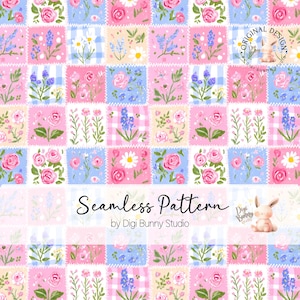 May include: A seamless pattern featuring floral designs in pink, blue, and white squares. Each square showcases different flowers like roses, daisies, and lavender. The text "Seamless Pattern" and "by Digi Bunny Studio" are also visible.